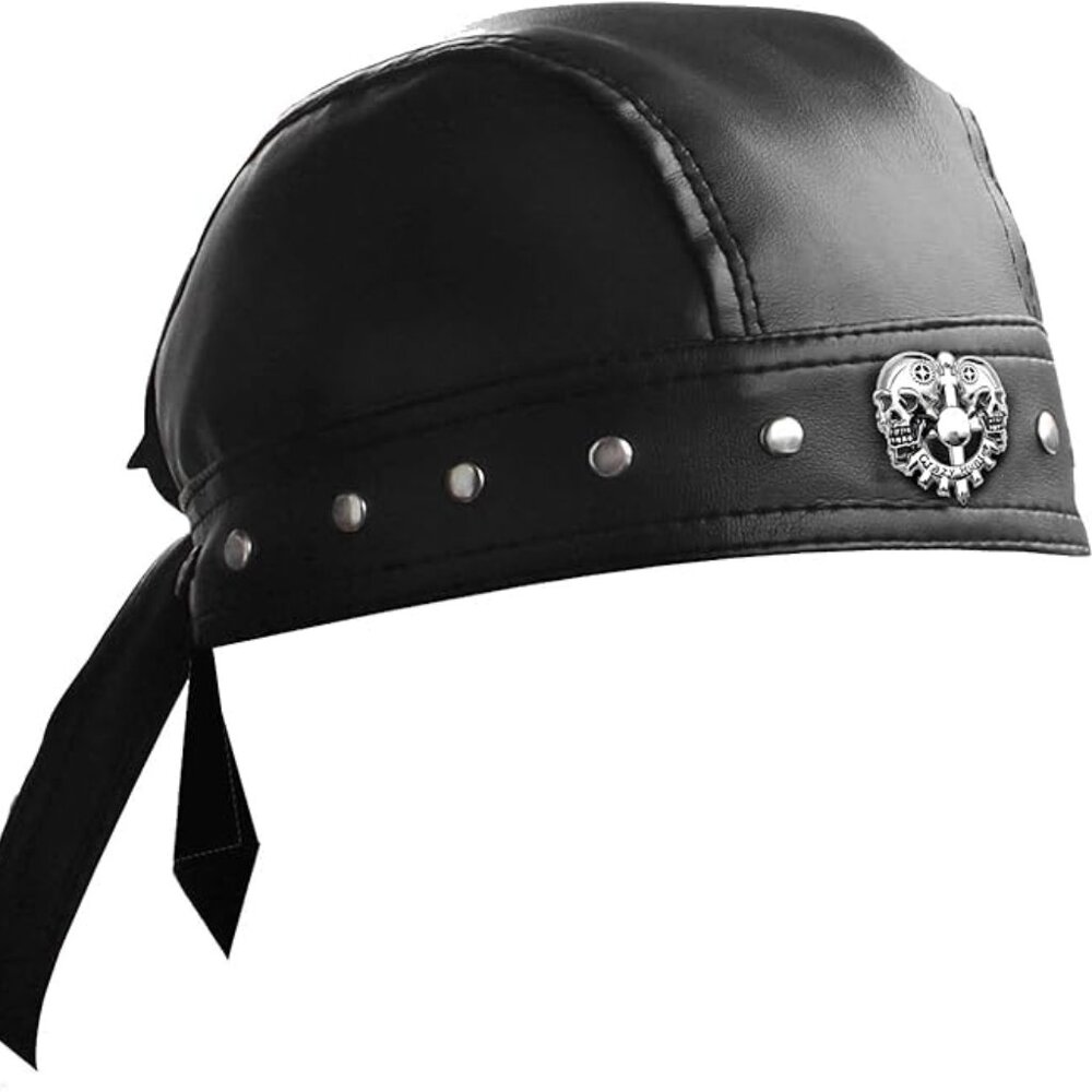 Adjustable Skull Cap Motorcycle Biker Leather Cap Black‎
